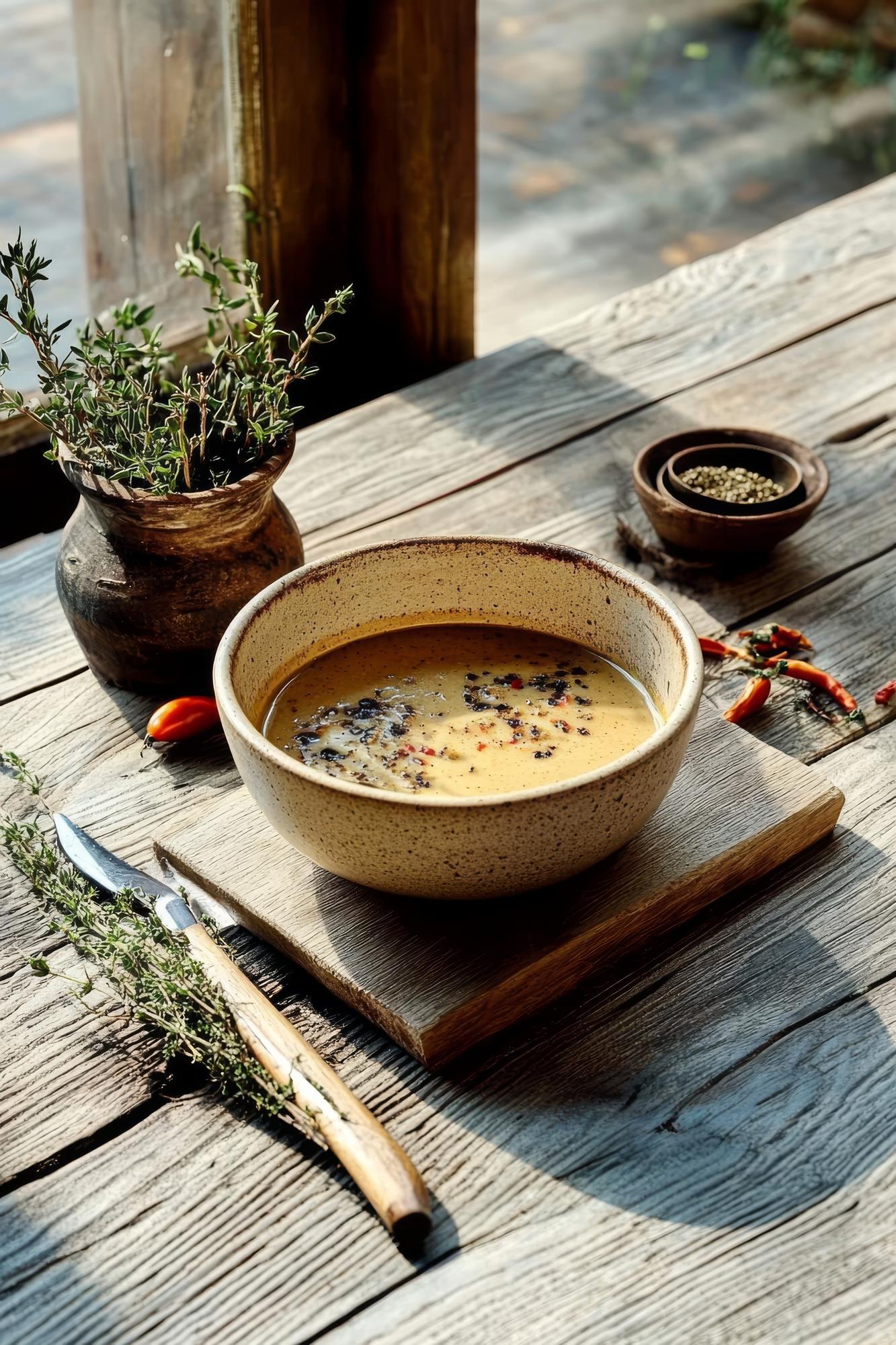 Schüssel mit handgemachter Suppe und Kräutern